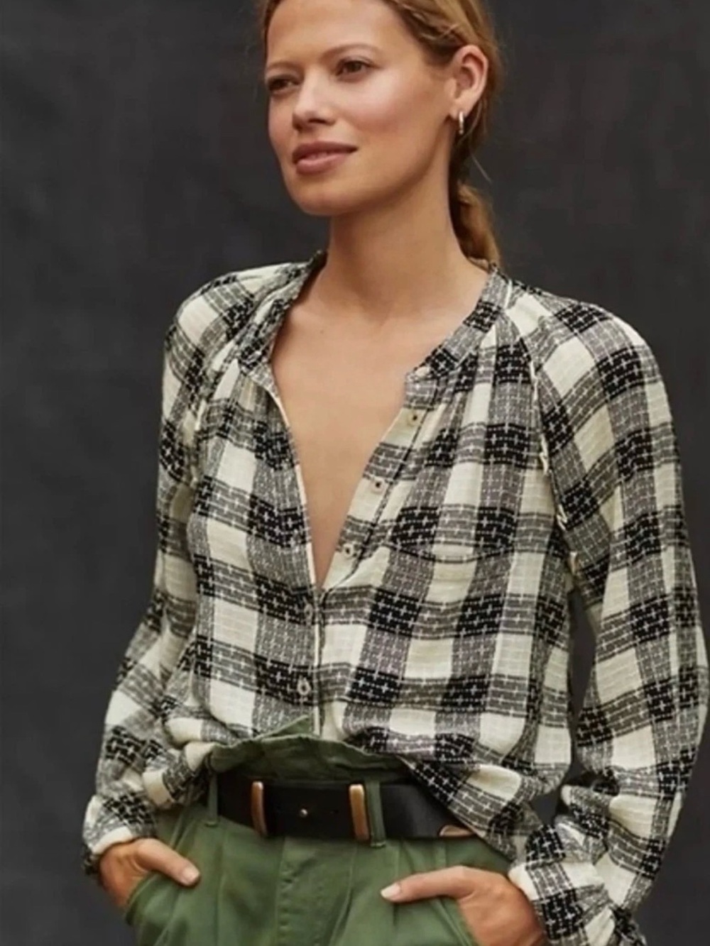 Pilcro Anthropologie Women’s Blouse NWT Size Large Plaid White Black, MSRP $98